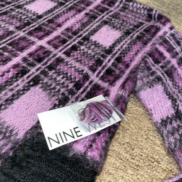 NWT NINE WEST PURPLE BLACK PLAID FUZZY MOCK NECK SWEATER SZ M - Picture 4 of 8